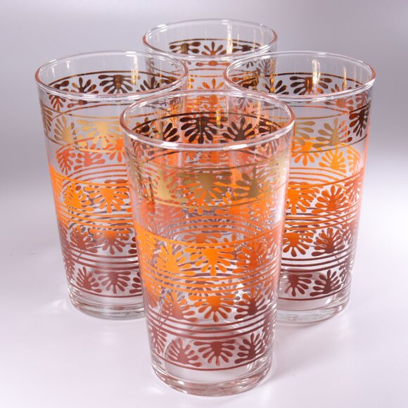 Federal Glass Juice Glasses 4 Bands of Acorn Leaves Autumn Colours MCM Set of 4 - Picture 3 of 4